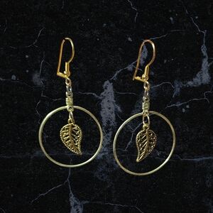 Gold Leaf Hoop Drop Earrings - Handmade Women Jewelry